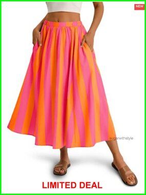 Womens Striped Flowy A-Line Maxi Skirt Elastic Waist Summer Beach